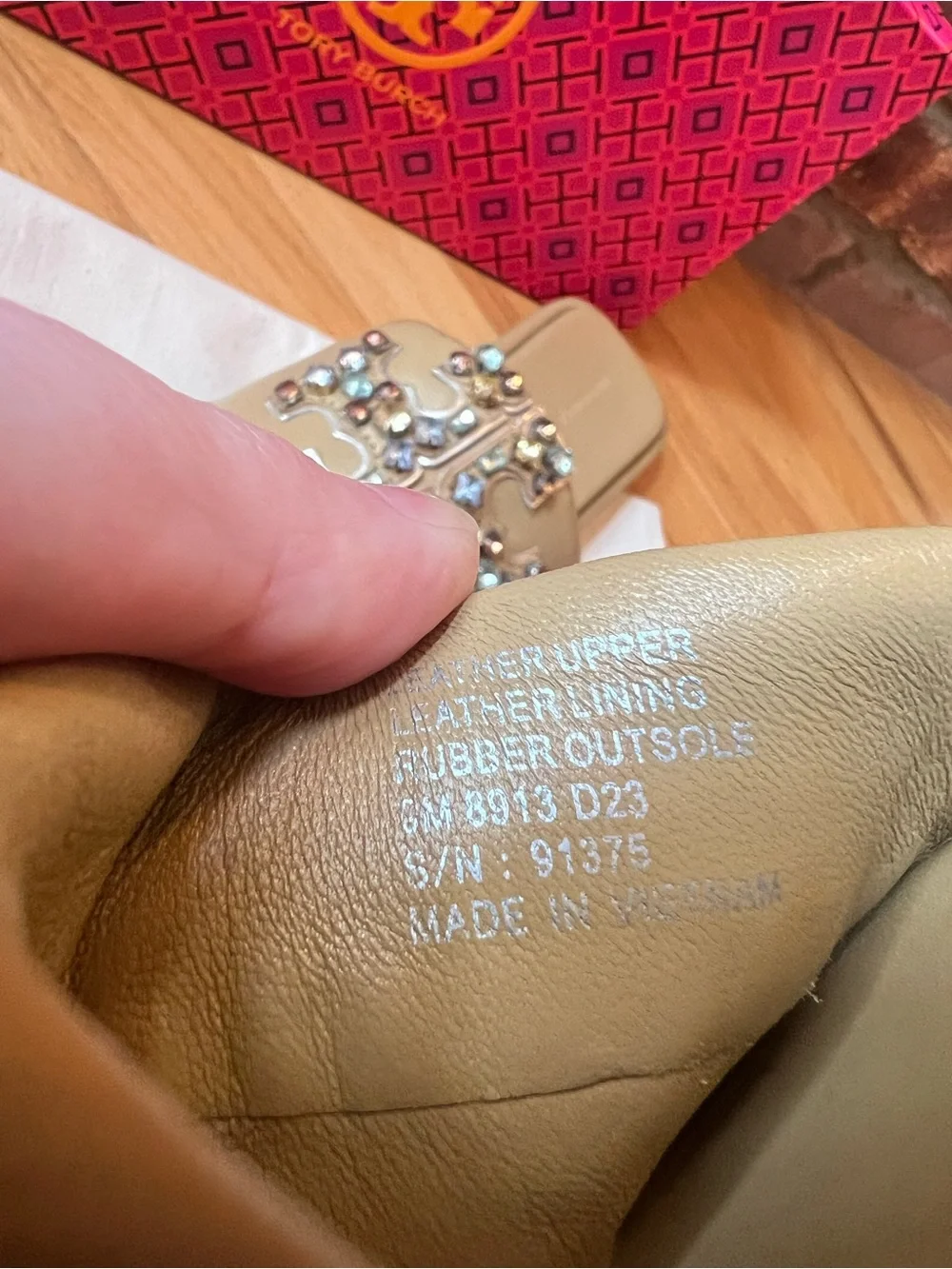 Tory Burch Ginger Shortbread Tan Crystal Double T Leather Sport Slide Sandals